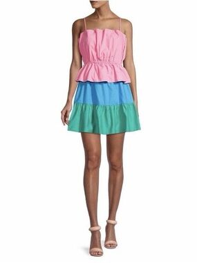 Milly Nina Tiered Colorblock Poplin Mini Dress in  Peony/Blue Multi
